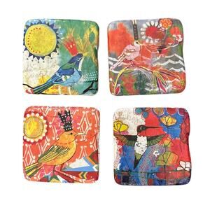 Set x 4 Jessica Swift Artist Handmade Heavy Ceramic Clay Coasters Bird Print